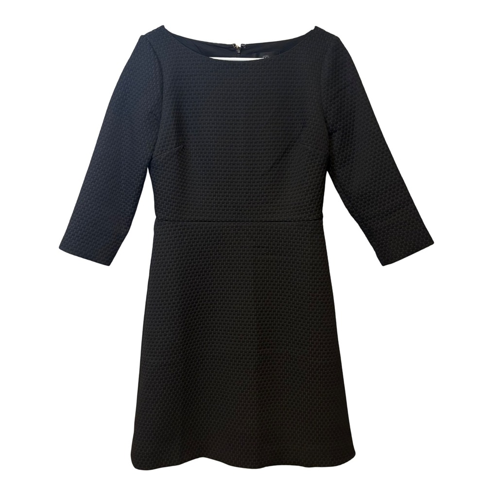 J. Crew Black Textured Three Quarter Sleeve Boat Neck A Line Dress Size 6 Career